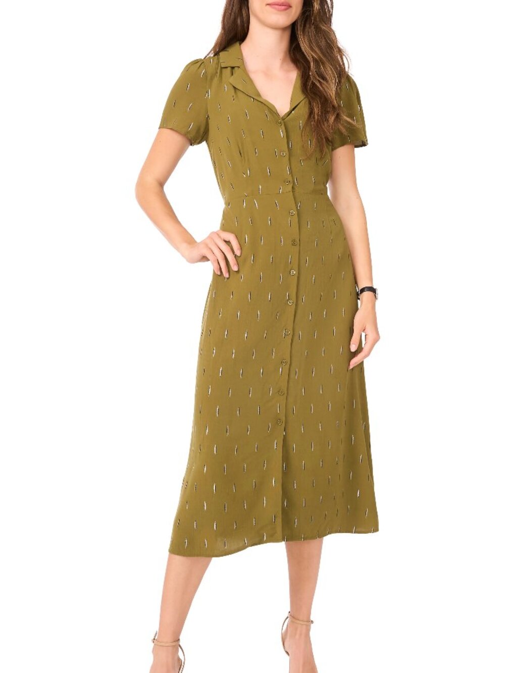 Halogen Metallic Accent Tie Back Midi Shirtdress